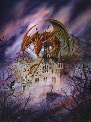 Papier peint mural « Château fantastique avec dragon » pour le salon