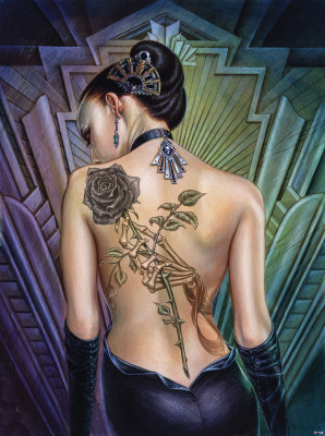 Papier peint mural « Femme au tatouage de rose » style Art déco pour chambre à coucher