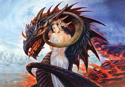 Papier peint mural « Femme dragon fantastique et feu » pour le salon