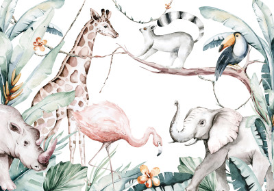 Papier peint mural « Animaux de la savane » (girafe et éléphant) pour chambre d'enfant