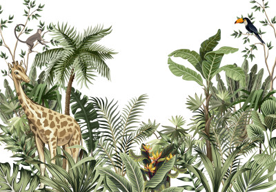 Papier peint mural « jungle, girafe et palmiers » pour un salon verdoyant