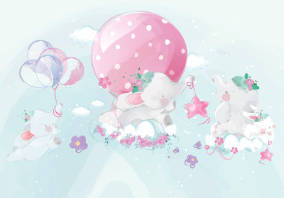 Papier peint mural avec des bébés éléphants, des ballons et des nuages pour chambre d'enfant