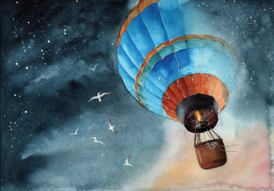 Papier peint mural « Montgolfière et ciel étoilé » pour le salon