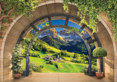 Papier peint mural représentant une vue en arc-de-cercle sur des montagnes et un village, pour le salon