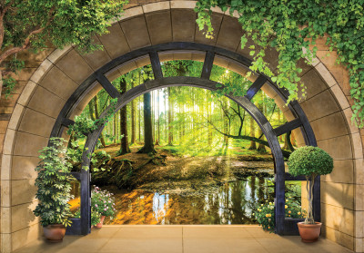 Papier peint mural représentant une arche, une forêt et une rivière pour le salon