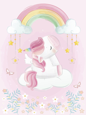Papier peint mural licorne, arc-en-ciel et nuage rose pour chambre d'enfant