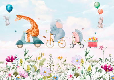 Papier peint mural : animaux, vélos, prairie, chambre d'enfant