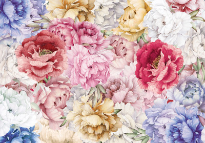 Papier peint mural représentant un bouquet coloré de pivoines et de roses pour le salon