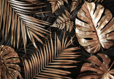 Papier peint mural doré à feuilles tropicales pour salon noir