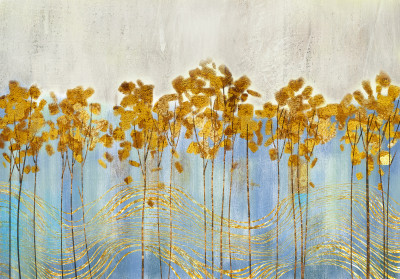 Papier peint mural « Arbres dorés et eau » - Motif abstrait pour le salon