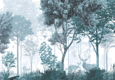 Papier peint mural « Forêt brumeuse et cerfs » bleu pour le salon