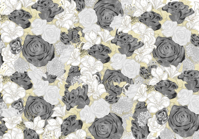 Papier peint mural à motif de roses grises et dorées pour le salon