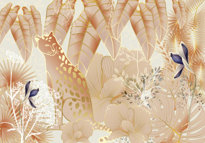 Papier peint mural léopard, feuilles et fleurs dorées pour le salon