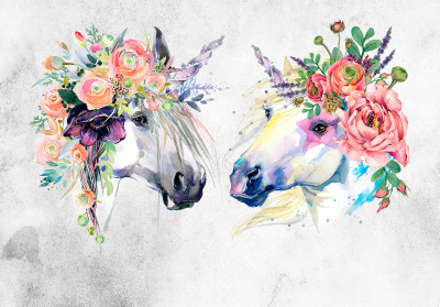 Papier peint mural avec des chevaux et des couronnes de fleurs pour le salon