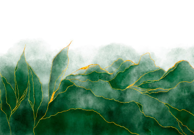 Papier peint mural « Feuilles vertes et lignes dorées » pour le salon