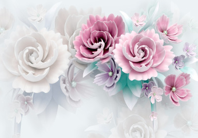 Papier peint mural 3D aux roses pastel pour le salon