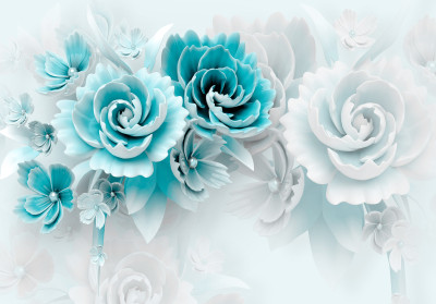 Papier peint mural 3D turquoise avec des roses pour le salon