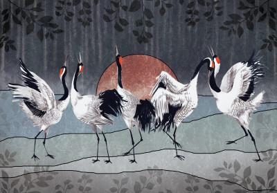 Papier peint mural « Grues japonaises et soleil rouge » pour le salon