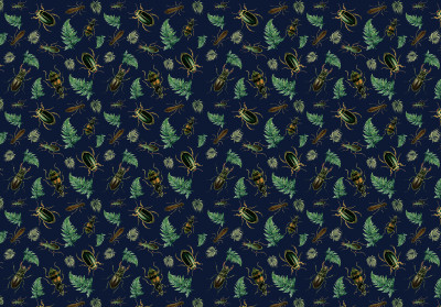 Papier peint mural avec motif de fougères, serpents et insectes pour le salon
