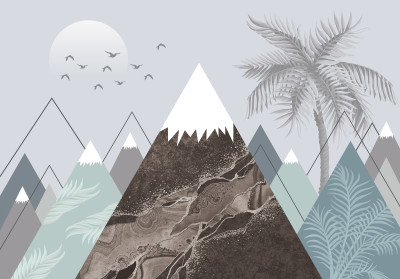 Papier peint mural géométrique avec montagnes et palmiers pour chambre d'enfant