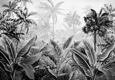 Papier peint mural noir et blanc « Jungle et palmiers » pour le salon