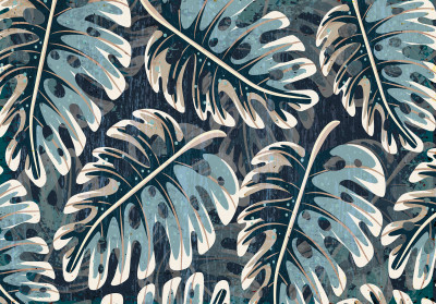 Papier peint mural bleu à motif de feuilles de monstera pour le salon
