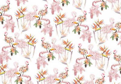 Papier peint mural avec flamants roses, toucans et fleurs pour le salon