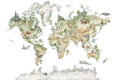 Papier peint mural « Carte du monde pour enfants » avec des animaux pour chambre d'enfant