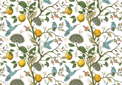 Papier peint mural avec motif d'oiseaux, de citrons et de chinoiserie pour le salon