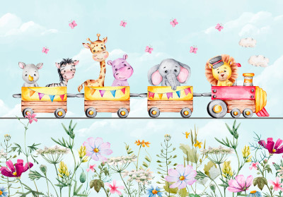Papier peint mural avec des animaux, un train et des fleurs pour chambre d'enfant