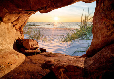 Papier peint mural « Plage, coucher de soleil et grotte » pour le salon