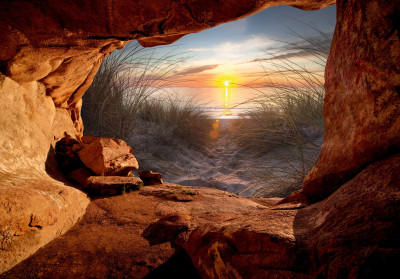 Papier peint mural : plage, coucher de soleil, rochers, grotte, salon