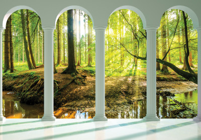 Papier peint mural : colonnes, forêt, ruisseau, vue sur le salon