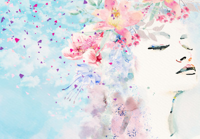 Papier peint mural « Femme et fleurs » à l'aquarelle pour le salon