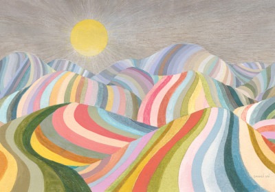 Papier peint mural abstrait : collines et soleil, style bohème, salon