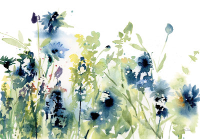 Papier peint mural bleu avec des fleurs sauvages à l'aquarelle pour le salon