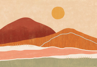 Papier peint mural bohème « Montagnes, soleil et terre cuite » pour le salon