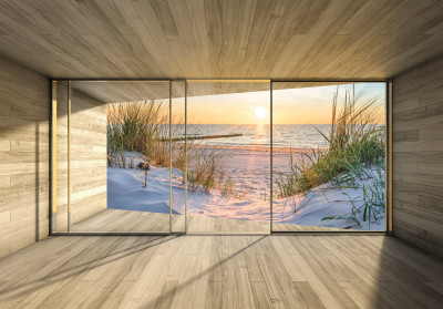 Papier peint mural représentant une fenêtre, une plage, des dunes et un coucher de soleil pour le salon