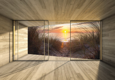 Papier peint mural représentant une fenêtre, une plage, des dunes et un coucher de soleil pour le salon