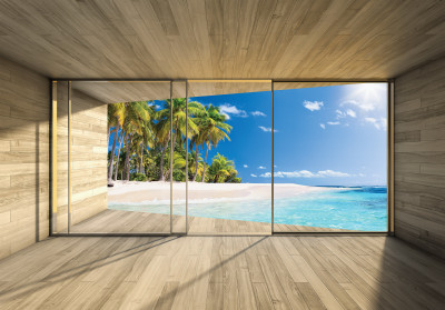 Papier peint mural représentant une fenêtre donnant sur une plage tropicale pour le salon