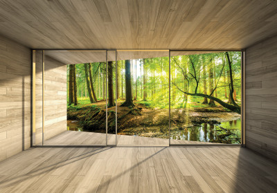 Papier peint mural représentant une forêt ensoleillée dans un salon