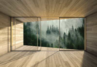 Papier peint mural « Fenêtre sur une forêt de sapins brumeux » pour le salon
