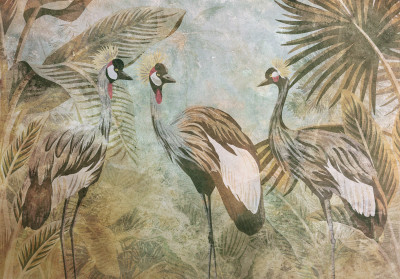 Papier peint mural « Grues couronnées » style vintage pour le salon