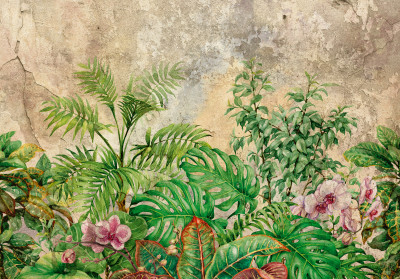 Papier peint mural avec des plantes tropicales et des orchidées pour le salon