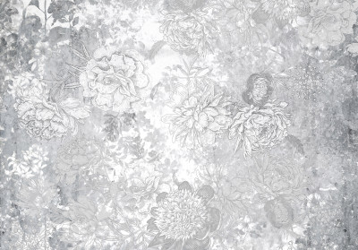 Papier peint mural argenté à motifs damassés et fleurs pour le salon