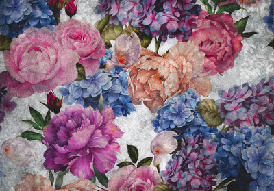 Papier peint mural « Bouquet de pivoines et d'hortensias » pour le salon
