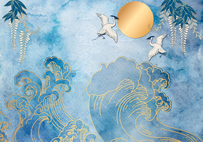 Papier peint mural « Vagues, grues et soleil doré » pour le salon