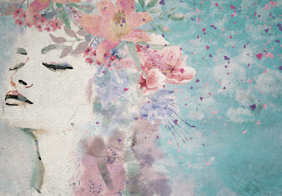 Papier peint mural « Femme et fleurs » à l'aquarelle pour le salon