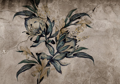 Papier peint mural « Feuilles botaniques » sur fond béton doré pour le salon