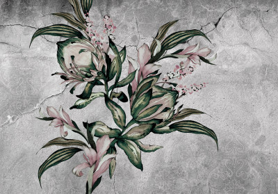 Papier peint mural « Feuilles de lys » pour salon en béton